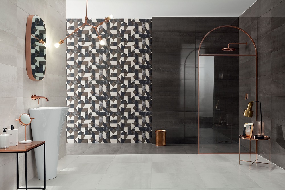 Wystrój nowoczesnej łazienki w ciemnych kolorach z wzorami art déco